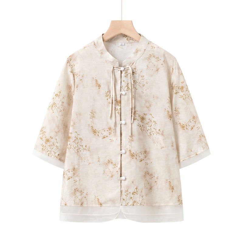 Mother'S Summer Short-Sleeved Floral Shirt Set Western Style Chinese Style National Style Two-Piece Set - Image 4