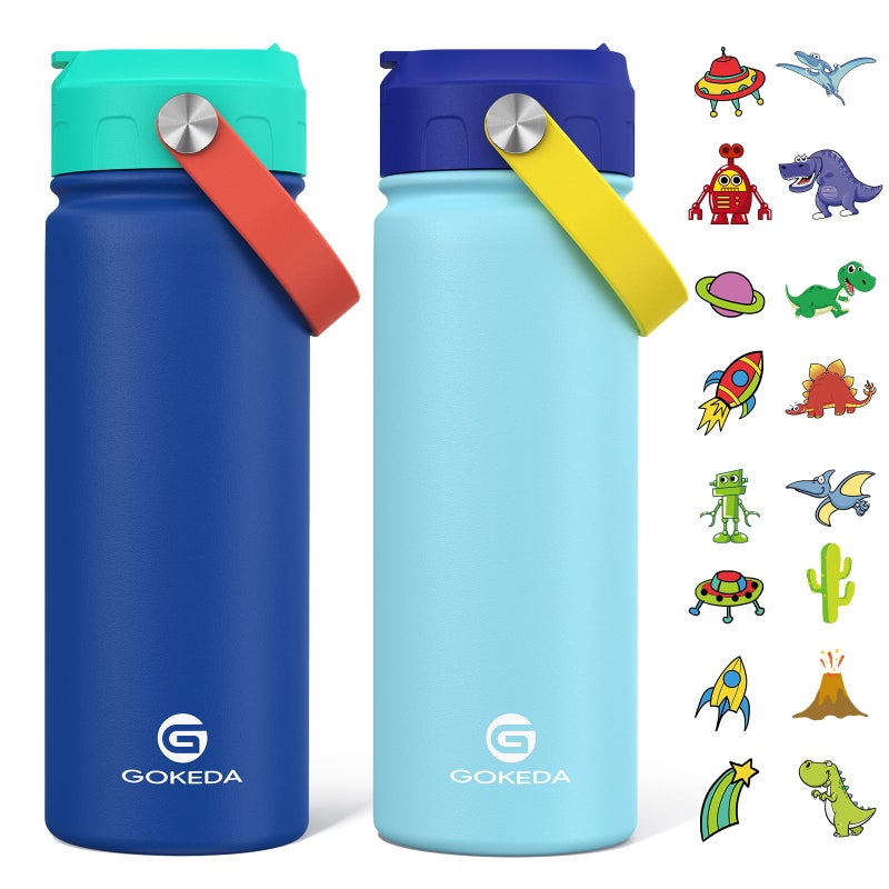 GoKEDA 18oz Kids Water Bottle, 2 Pack Insulated Bottles with Stickers, 18/8 Stainless Steel Vacuum Leak Proof Straw Cup for School, Gifts for Boys Girls(LightBlue+DarkGreenBlue) - Image 1