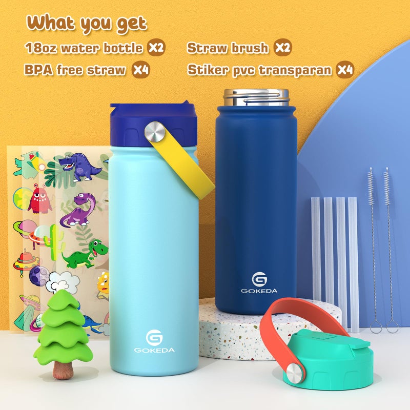 GoKEDA 18oz Kids Water Bottle, 2 Pack Insulated Bottles with Stickers, 18/8 Stainless Steel Vacuum Leak Proof Straw Cup for School, Gifts for Boys Girls(LightBlue+DarkGreenBlue) - Image 2
