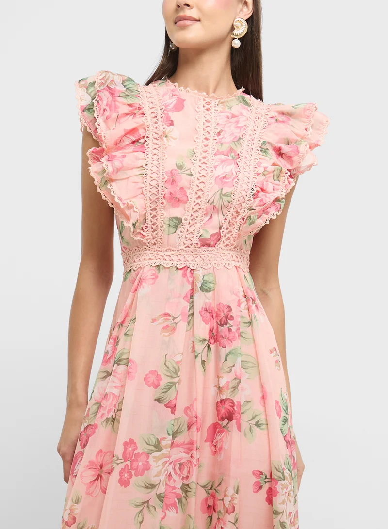 ELLA Floral Ruffle Trim Dress