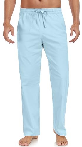 Janmid Mens Casual Linen Pants Elastic Waist Drawstring Beach Summer Pants Lightweight Linen Trousers Sky Blue S - Image 1