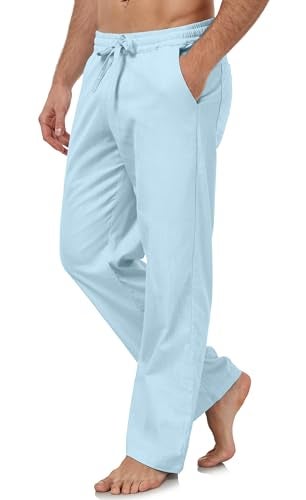 Janmid Mens Casual Linen Pants Elastic Waist Drawstring Beach Summer Pants Lightweight Linen Trousers Sky Blue S - Image 3