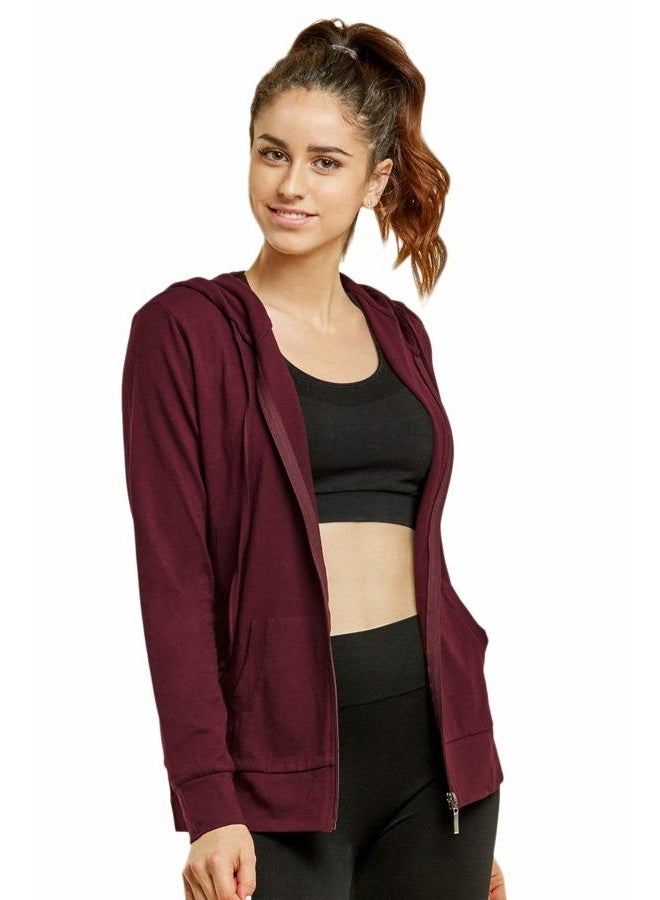 Sofra Women's Thin Cotton Zip Up Hoodie Jacket (M, Burg) Burgundy - Image 2