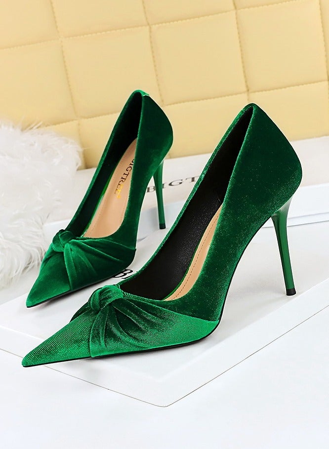 BIGTREE Women's Solid Color Bowknot Stiletto Pumps 10 CM Elegant Gorgeous Closed Pointed Toe Slip On High Heels Green - Image 1