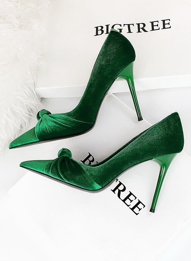 BIGTREE Women's Solid Color Bowknot Stiletto Pumps 10 CM Elegant Gorgeous Closed Pointed Toe Slip On High Heels Green - Image 4