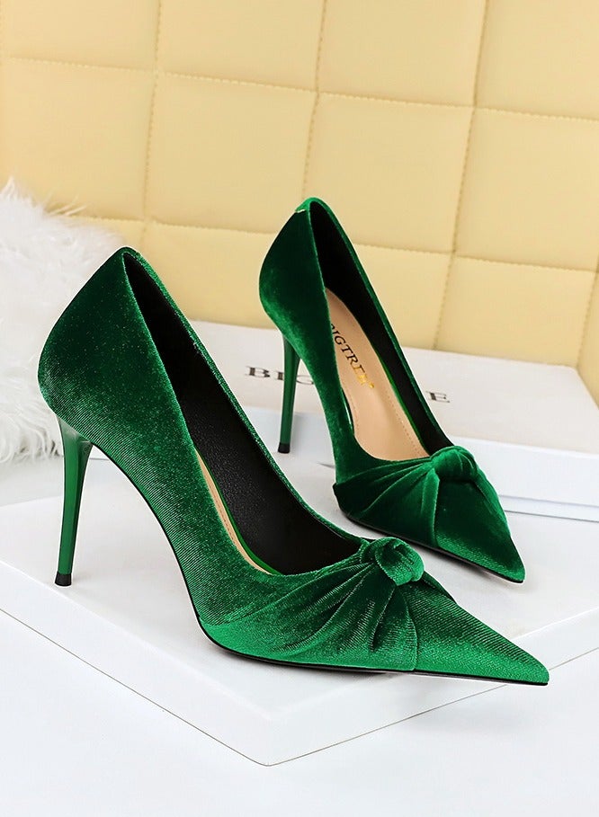 BIGTREE Women's Solid Color Bowknot Stiletto Pumps 10 CM Elegant Gorgeous Closed Pointed Toe Slip On High Heels Green - Image 2