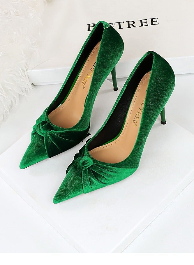 BIGTREE Women's Solid Color Bowknot Stiletto Pumps 10 CM Elegant Gorgeous Closed Pointed Toe Slip On High Heels Green - Image 3