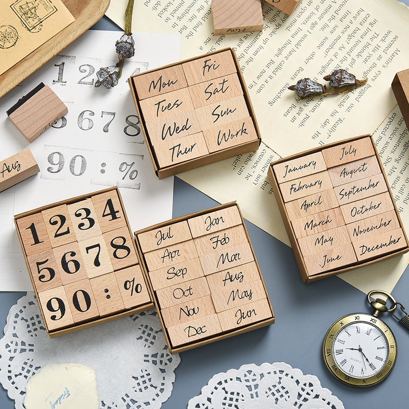 Wooden Calendar Stamp Set for DIY Planners Month Abbreviations 