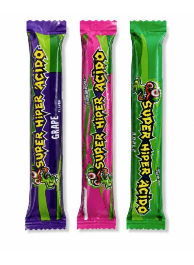 Super Hyper Acido Stick sour gum available in apple, berry, and tutti-frutti flavors.