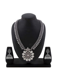Jewellery Set for Women and Girls Traditional Silver Oxidised Jewellery Set Silver Necklace Set for Women | Floral Charm Long Oxidized Necklace Set | Birthday