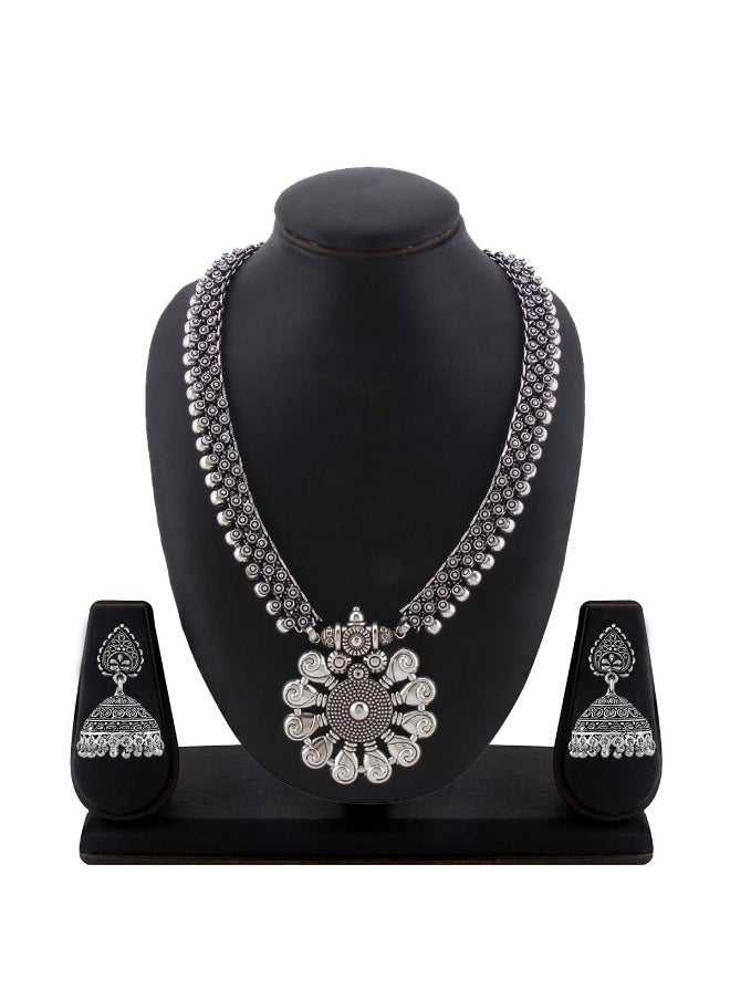YELLOW CHIMES - Jewellery Set for Women and Girls Traditional Silver Oxidised Jewellery Set Silver Necklace Set for Women | Floral Charm Long Oxidized Necklace Set | Birthday - Image 1
