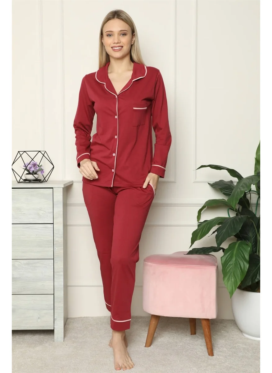 Akbeniz Women's 100% Cotton Combed Cotton Front Buttoned Long Sleeve Pajamas Set 2716