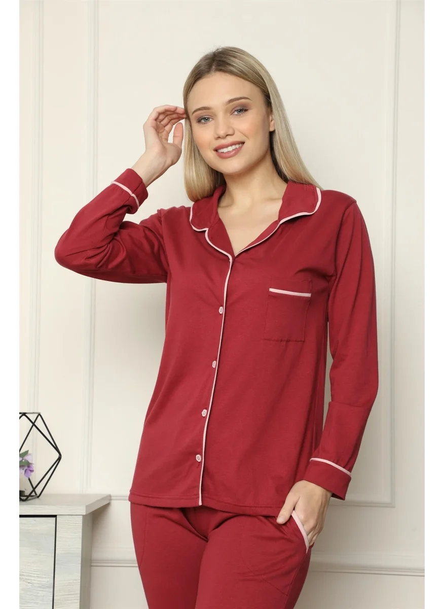 Akbeniz Women's 100% Cotton Combed Cotton Front Buttoned Long Sleeve Pajamas Set 2716