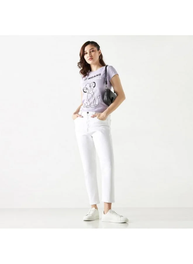 SP Characters Simba Print Round Neck T-shirt with Short Sleeves