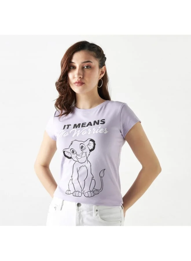 SP Characters Simba Print Round Neck T-shirt with Short Sleeves