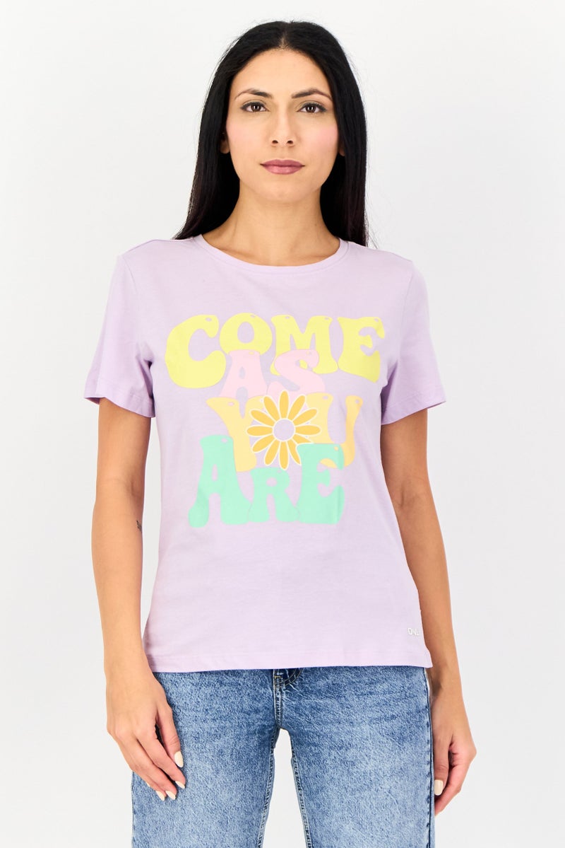 ONLY Women Round Neck Short Sleeves Graphic Print T-shirts, Lavender - Image 1