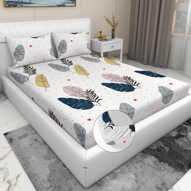 RD TREND Presents Luxurious Glace Cotton Super Soft 210 TC 360° Elastic Fitted Bedsheet Queen Size (78X60X8 Inch) with 2 Pillow Covers, Color-Cream Multi Pankh - Image 1