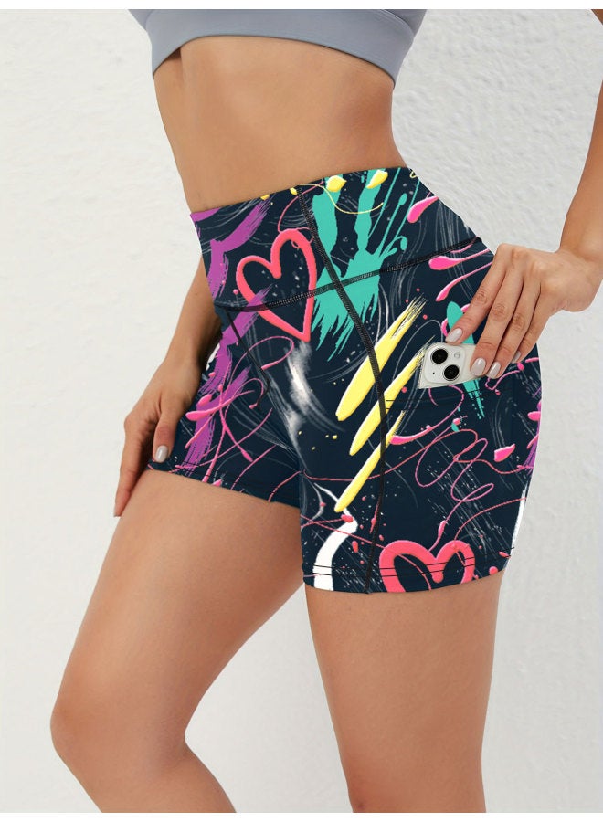 New European And American Marble Print High-waist Yoga Fitness Shorts Abdominal Control Version Sports Outdoor Fitness Wear For Women