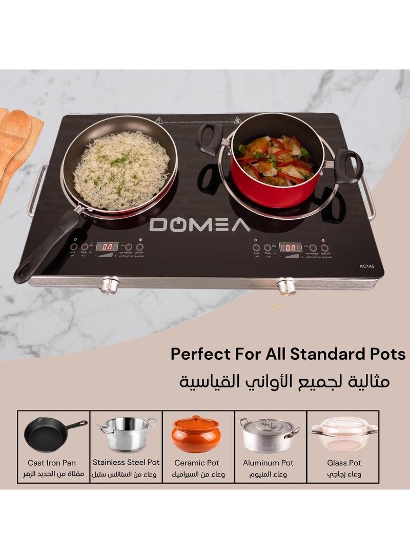 DOMEA 2-Burner Infrared Cooktop, 3600W Electric Stove, LED Display, 4 Presets (Fry/BBQ/Soup/Hot Pot), Child Lock, Overheat Protection, A-Grade Glass Panel, Fast Heating, Works with All Cookware - Image 5