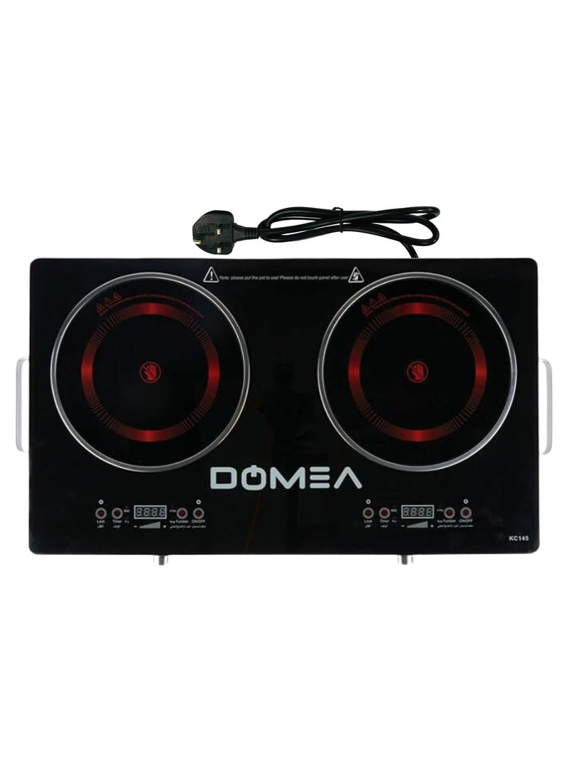 DOMEA 2-Burner Infrared Cooktop, 3600W Electric Stove, LED Display, 4 Presets (Fry/BBQ/Soup/Hot Pot), Child Lock, Overheat Protection, A-Grade Glass Panel, Fast Heating, Works with All Cookware - Image 1