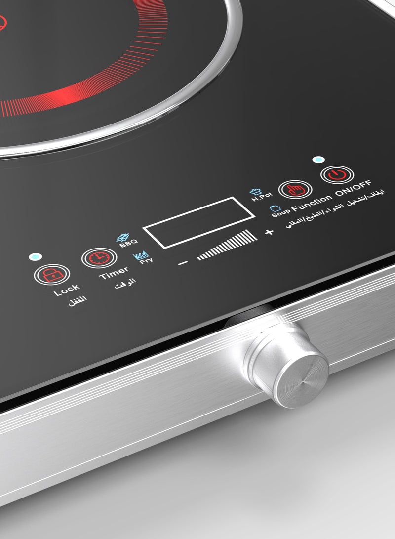 DOMEA 2-Burner Infrared Cooktop, 3600W Electric Stove, LED Display, 4 Presets (Fry/BBQ/Soup/Hot Pot), Child Lock, Overheat Protection, A-Grade Glass Panel, Fast Heating, Works with All Cookware - Image 2