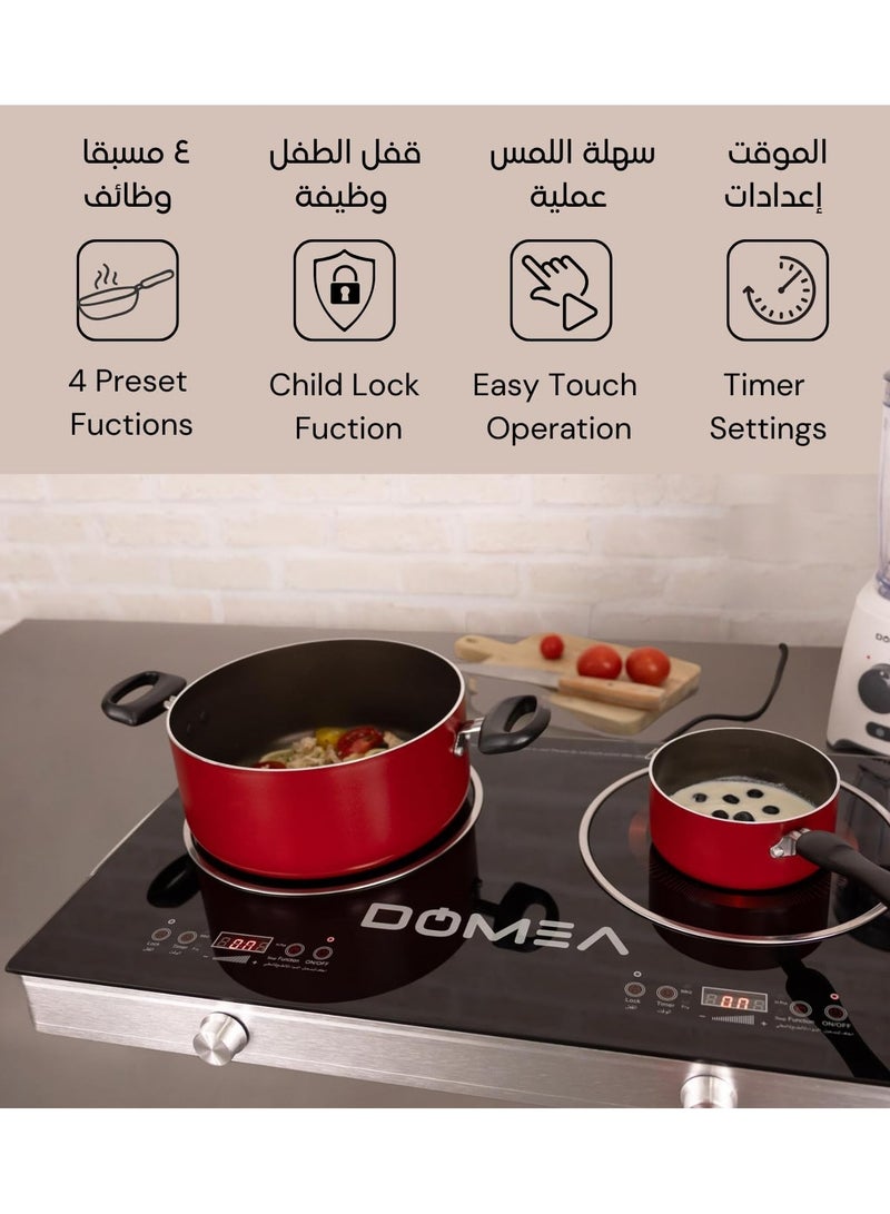 DOMEA 2-Burner Infrared Cooktop, 3600W Electric Stove, LED Display, 4 Presets (Fry/BBQ/Soup/Hot Pot), Child Lock, Overheat Protection, A-Grade Glass Panel, Fast Heating, Works with All Cookware - Image 4
