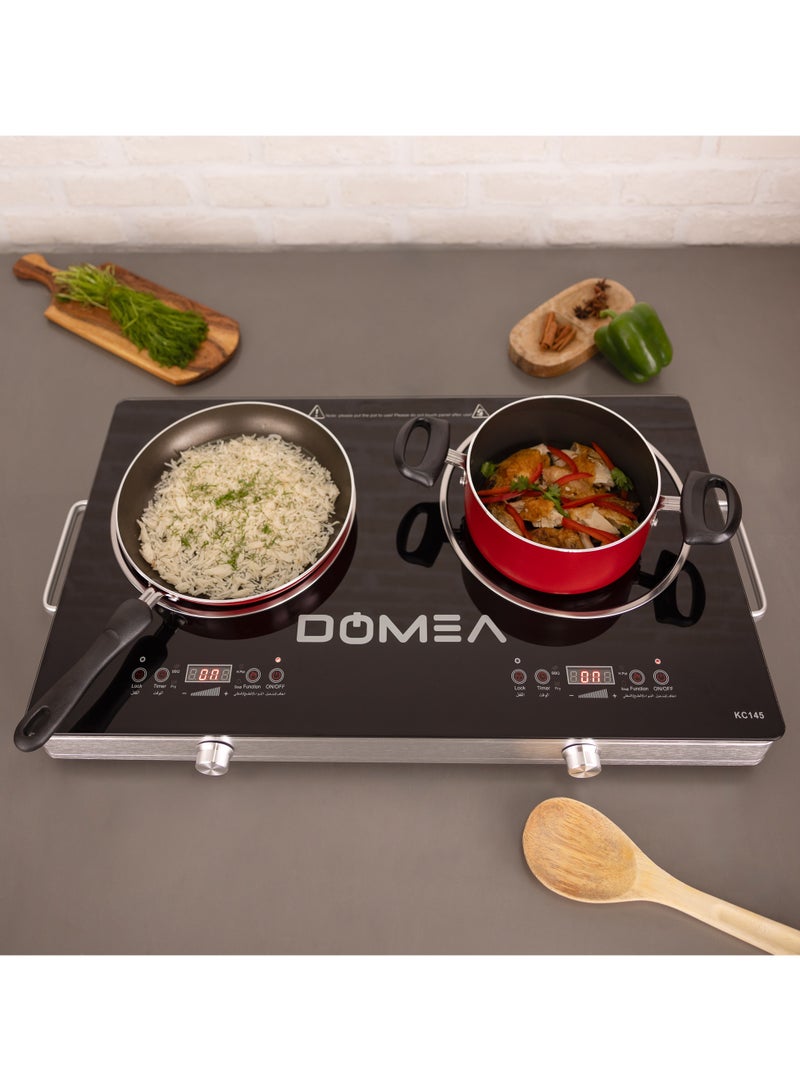 DOMEA 2-Burner Infrared Cooktop, 3600W Electric Stove, LED Display, 4 Presets (Fry/BBQ/Soup/Hot Pot), Child Lock, Overheat Protection, A-Grade Glass Panel, Fast Heating, Works with All Cookware - Image 3