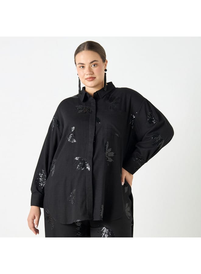 Ulla Popken Plus Size Ulla Popken Regular Fit Embellished High-Low Shirt  - Image 1