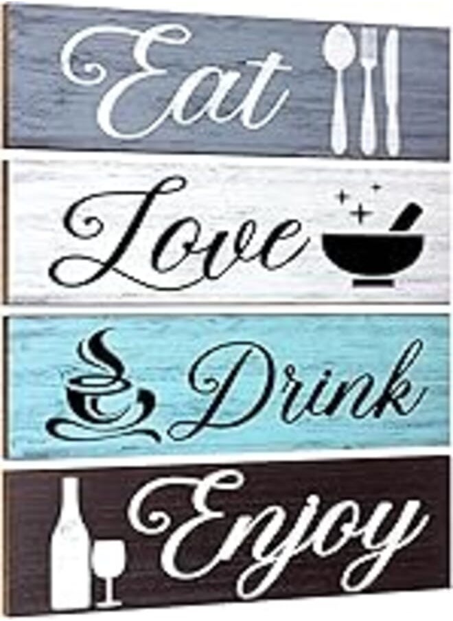 Jetec 4 Pieces Wood Home Sign Rustic Wooden Kitchen Wall Decor Farmhouse Eat Love Enjoy Wood Sign with Hanging Hole for Home Kitchen Dining Living Room Bar Cafe Decor (Light Color) 