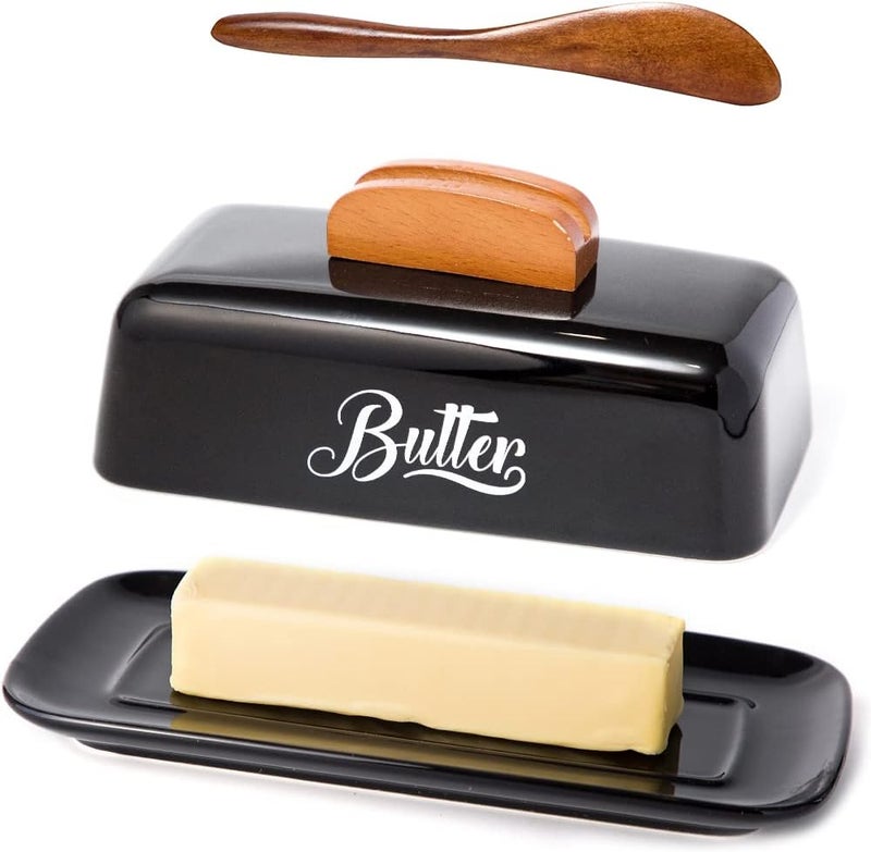 AISBUGUR Black Butter Dish with Lid and Knife，Black Butter Tray，Ceramic Butter Holder for Counter Humanized Clamp-able Knife Handle Design Perfect for East West Coast Butter - Image 1