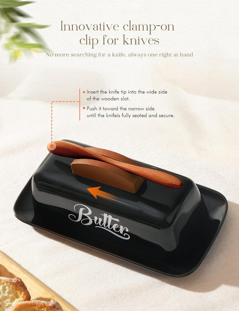 AISBUGUR Black Butter Dish with Lid and Knife，Black Butter Tray，Ceramic Butter Holder for Counter Humanized Clamp-able Knife Handle Design Perfect for East West Coast Butter - Image 3