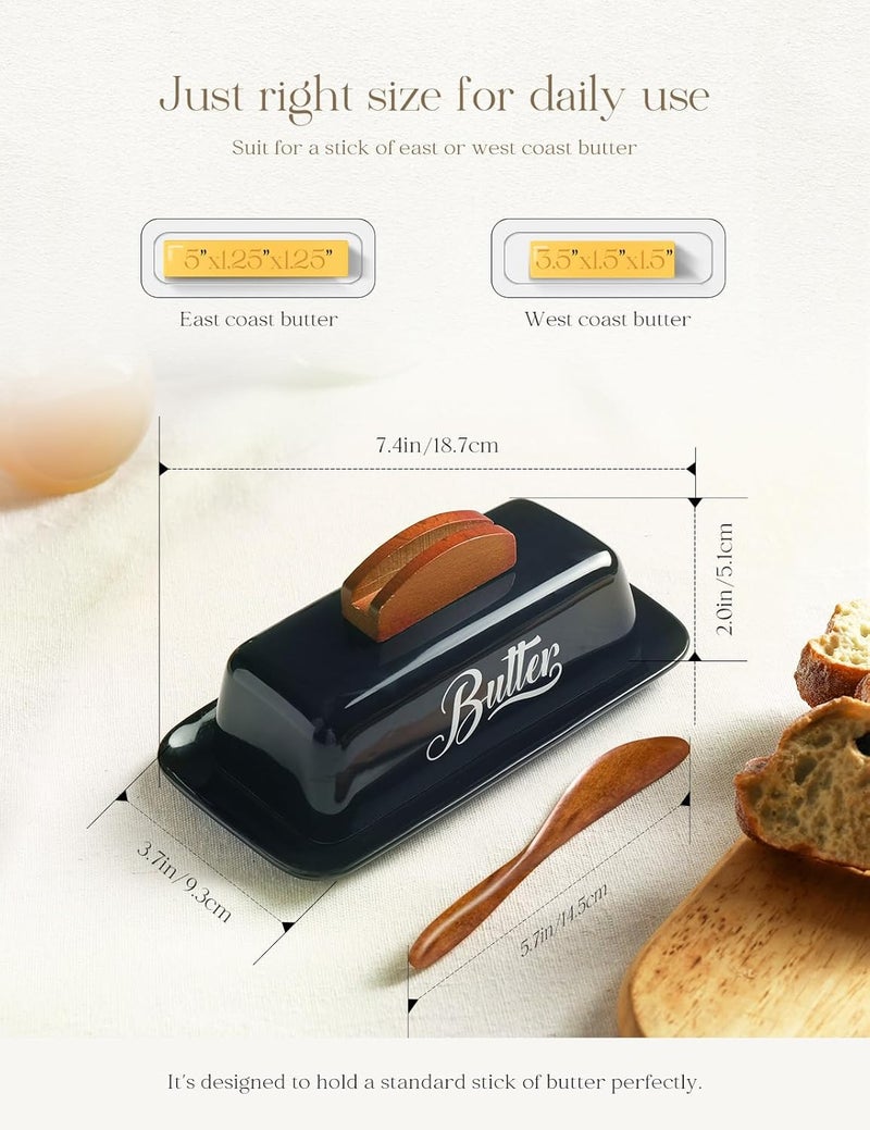 AISBUGUR Black Butter Dish with Lid and Knife，Black Butter Tray，Ceramic Butter Holder for Counter Humanized Clamp-able Knife Handle Design Perfect for East West Coast Butter - Image 5