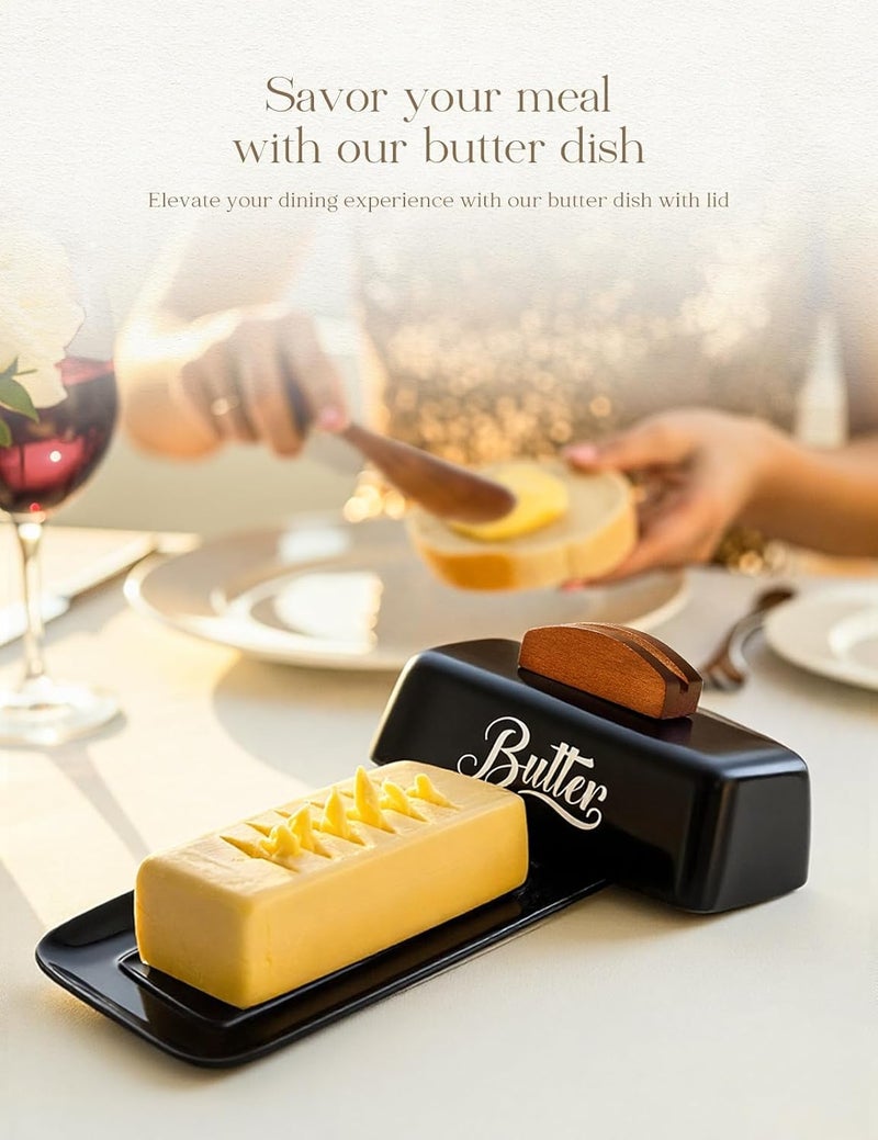 AISBUGUR Black Butter Dish with Lid and Knife，Black Butter Tray，Ceramic Butter Holder for Counter Humanized Clamp-able Knife Handle Design Perfect for East West Coast Butter - Image 2
