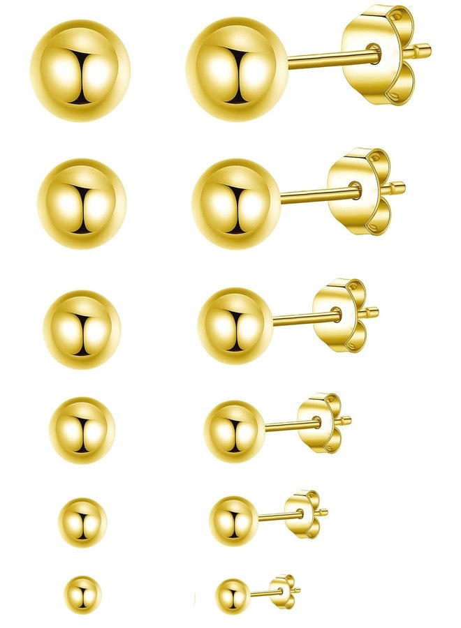showself Ball Small Gold Stud Earrings for Women Men, Hypoallergenic Surgical Steel Tiny Bead Earrings Studs for Sensitive Ear, Simple Little Gold Ball Post Earrings Set for Multiple Hole Piercing, Pack of 6 Pairs ( 2mm - 7mm ) - Image 1