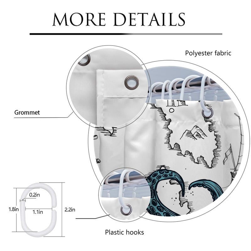 Coxila Nautical Octopus Shower Curtain Funny Fun Cool Kraken Coastal Pirate Ship World Map Mens Anime Vintage Ocean Unique Adventure Novelty Adult Sea Weird 60 x 72 Inch Polyester Fabric 12 Pack Hooks - Image 2