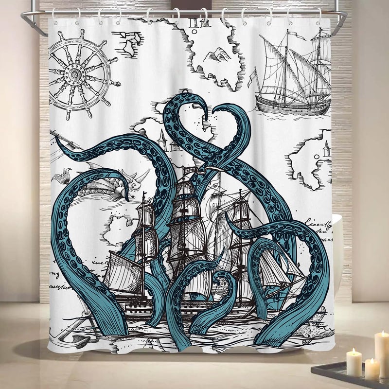 Coxila Nautical Octopus Shower Curtain Funny Fun Cool Kraken Coastal Pirate Ship World Map Mens Anime Vintage Ocean Unique Adventure Novelty Adult Sea Weird 60 x 72 Inch Polyester Fabric 12 Pack Hooks - Image 4