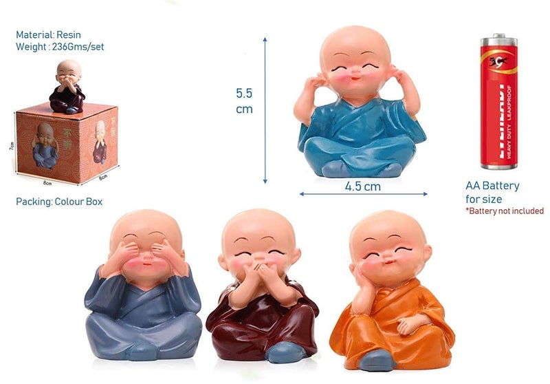 ANAB GI 4 Pcs Cute Mini Monk Plastic Set for Car Dashboard Interior Decoration Desk, Little Monk Statue for car & Interior Décor(Multicolor) - Image 3