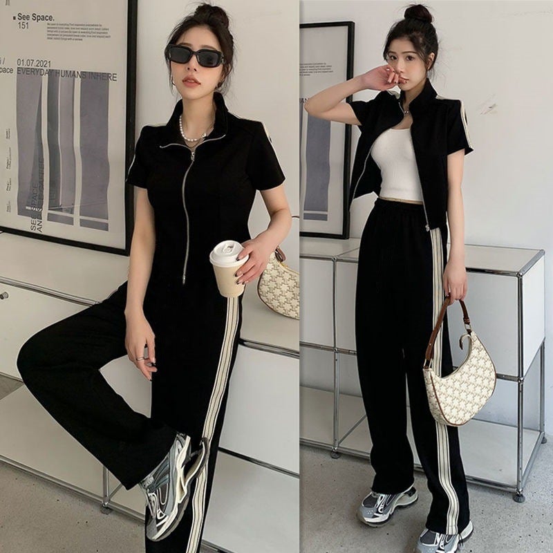 Casual Fashionable Womens Sport Suit 2024 Autumn New Streetwear Slimming Sweatshirt Bell Bottoms 2-Piece Set Trendy Black short-sleeved suit