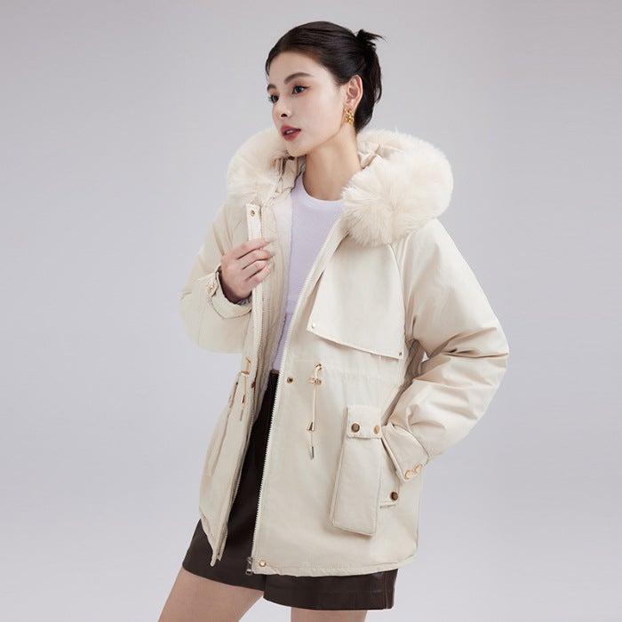 Parker Clothing Womens Winter New fleece-lined Cotton-padded Coat Small Waist Thickened Warm Big Wool Collar Coat Thickened Cotton-padded Coat White  - Image 1