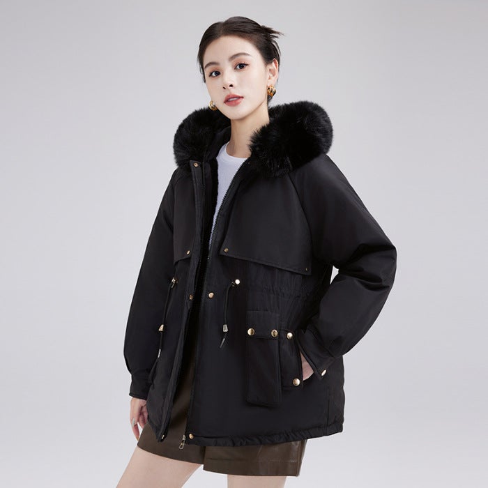 Parker Clothing Womens Winter New fleece-lined Cotton-padded Coat Small Waist Thickened Warm Big Wool Collar Coat Thickened Cotton-padded Coat White  - Image 2