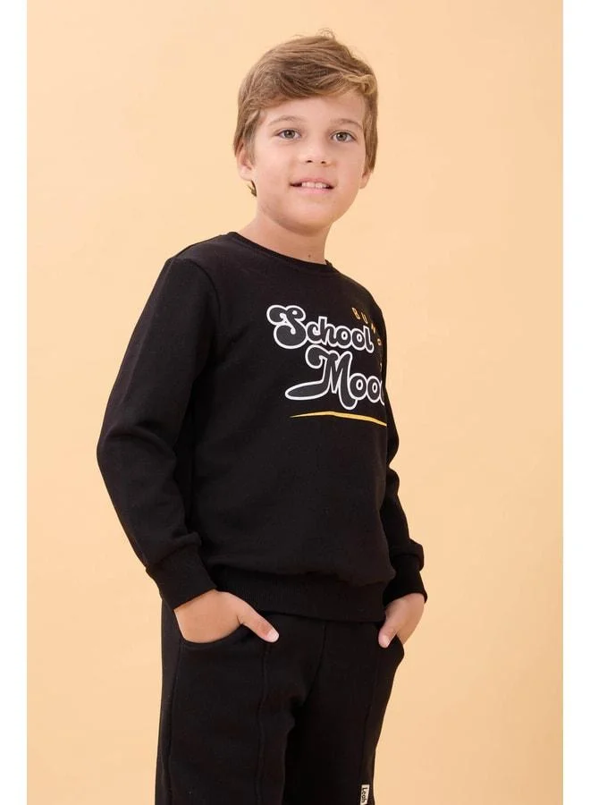 Perendi Boys and Girls School-Printed Bicycle-Collar Seasonal Sweatshirt in Black.