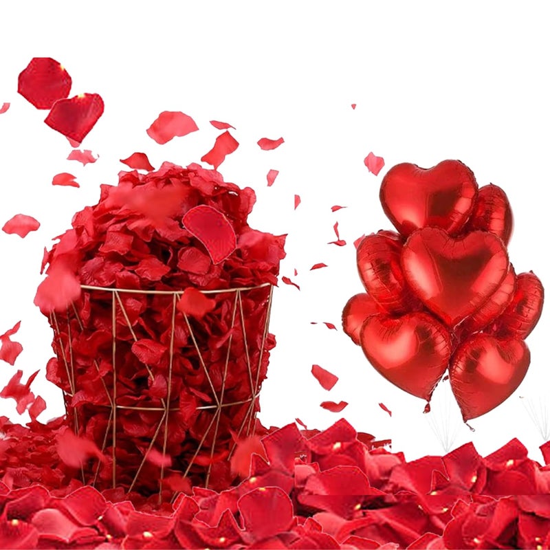 Go Hooked Go Hooked Valentine’s Day Décor Set with 2000 Artificial Rose Petals & 5 Pcs Heart Foil Baloon | Perfect for Proposals, Anniversaries, Candlelight Dinners, Gifting, Husband, Wife 