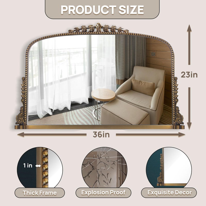 Wemily Antique Gold Arched Wall Mirror - 36"x28" with Metal Beaded Frame | Decorative Accent Mirror for Fireplace, Bedroom, Living Room, Dresser, Mantle - Image 3