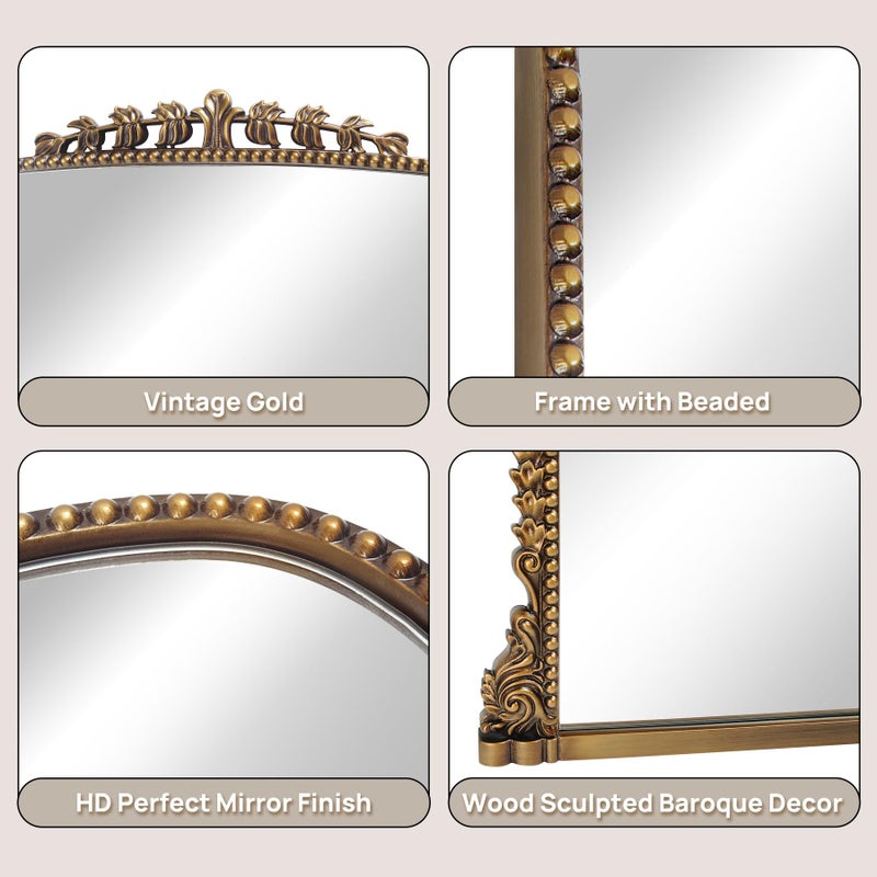 Wemily Antique Gold Arched Wall Mirror - 36"x28" with Metal Beaded Frame | Decorative Accent Mirror for Fireplace, Bedroom, Living Room, Dresser, Mantle - Image 4