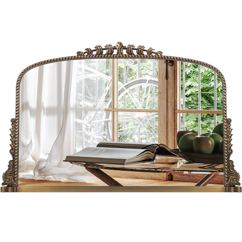 Wemily Antique Gold Arched Wall Mirror - 36"x28" with Metal Beaded Frame | Decorative Accent Mirror for Fireplace, Bedroom, Living Room, Dresser, Mantle - Image 1