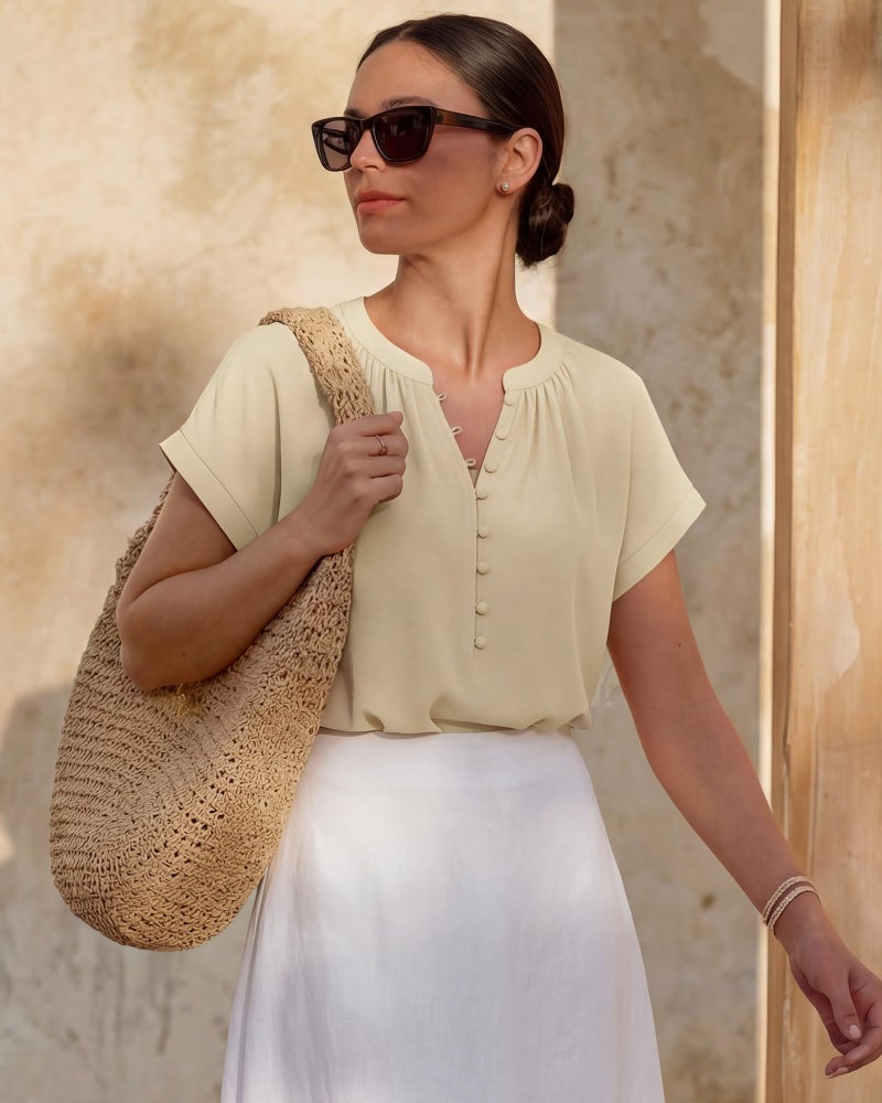 Timeson Womens Short Sleeve Tops: Lightweight Polyester Button Down Work Outfits - Women's Blouses Business Casual Spring Summer Clothing Formal Professional Shirts Office Attire Church Wear Beige M - Image 4