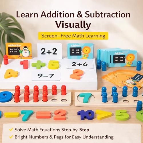 RITHVI STORE Math Learning Toy for Kids | Addition & Subtraction Counting Peg Board with Flash Cards | Montessori Wooden Educational Toy for Boys & Girls | Early Math Learning Age 3–7 - Image 3