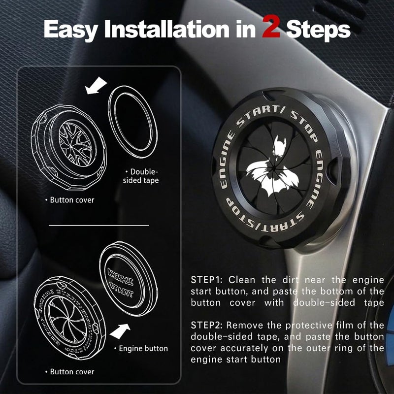 Tybasthe Rotary Push Start Button Cover, Batman Car Accessory Engine Start Stop Button Cover, Car Sticker Interior Decoration, Motorcycle Ignition Key Switch Cover, Black - Image 5