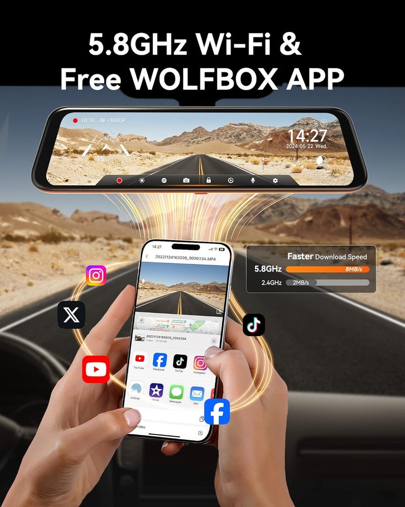 WOLFBOX G850 12" 4K Rear View Mirror Camera with 5.8GHz WiFi and Voice Control - Image 3