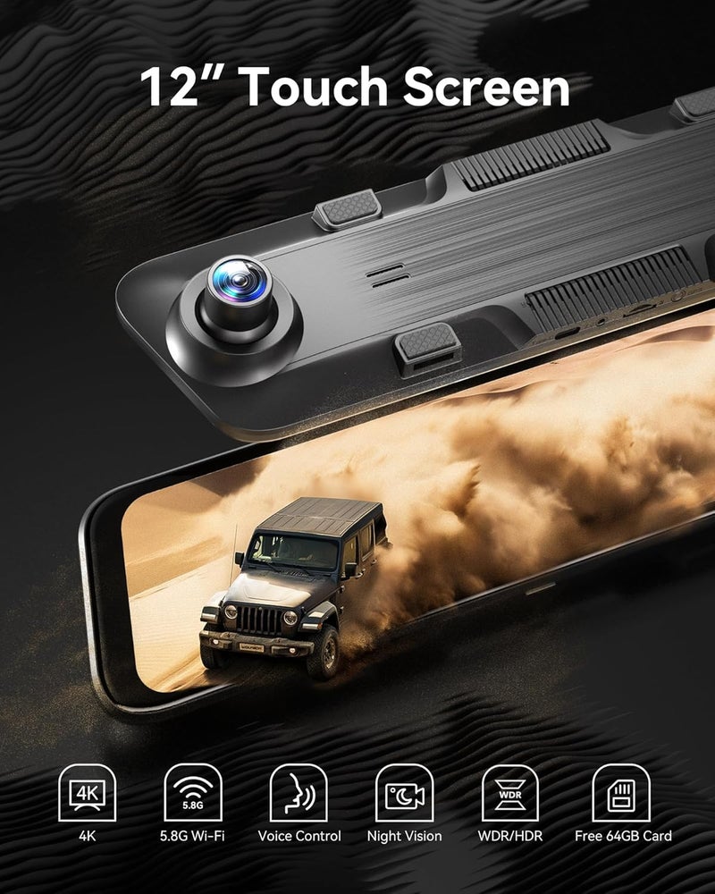 WOLFBOX G850 12" 4K Rear View Mirror Camera with 5.8GHz WiFi and Voice Control - Image 2